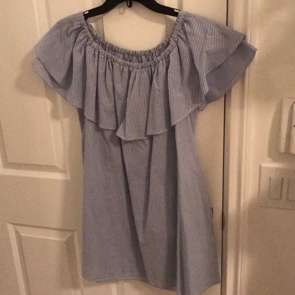 Off the shoulder blue and white stripe dress